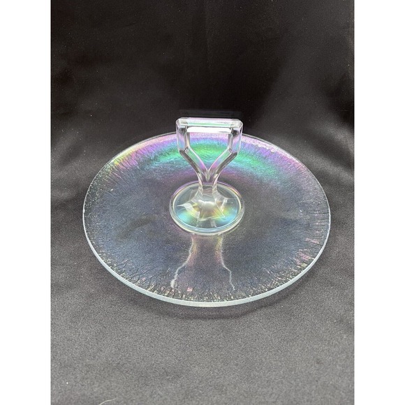 Vintage Clear Iridescent Depression Glass Center Handled Tid Bit Tray - Picture 8 of 14